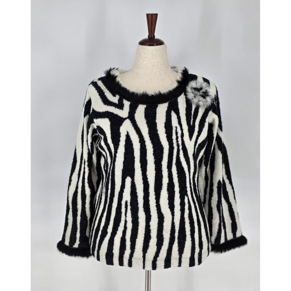 Design Options Philip & Jane Gordon Sweater Womens XL Zebra Faux Fur Trim Pom Po